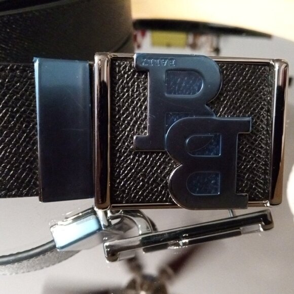 Bally B 46 inch black leather belt with square monogram blue and silver buckle e - Picture 2 of 8